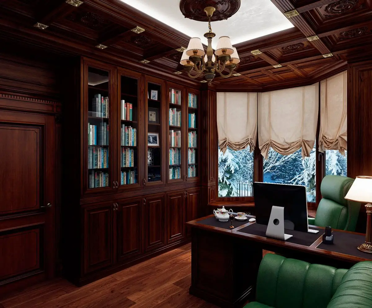 Кабинет с шкафом для книг и кессонным потолком