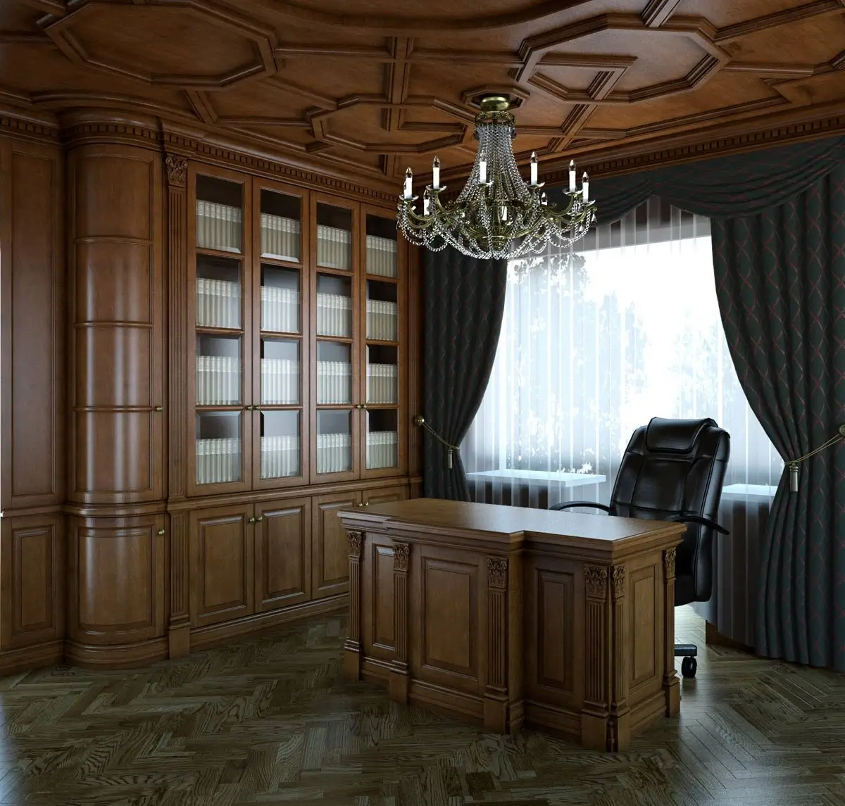 Кабинет с шкафом для книг и кессонным потолком