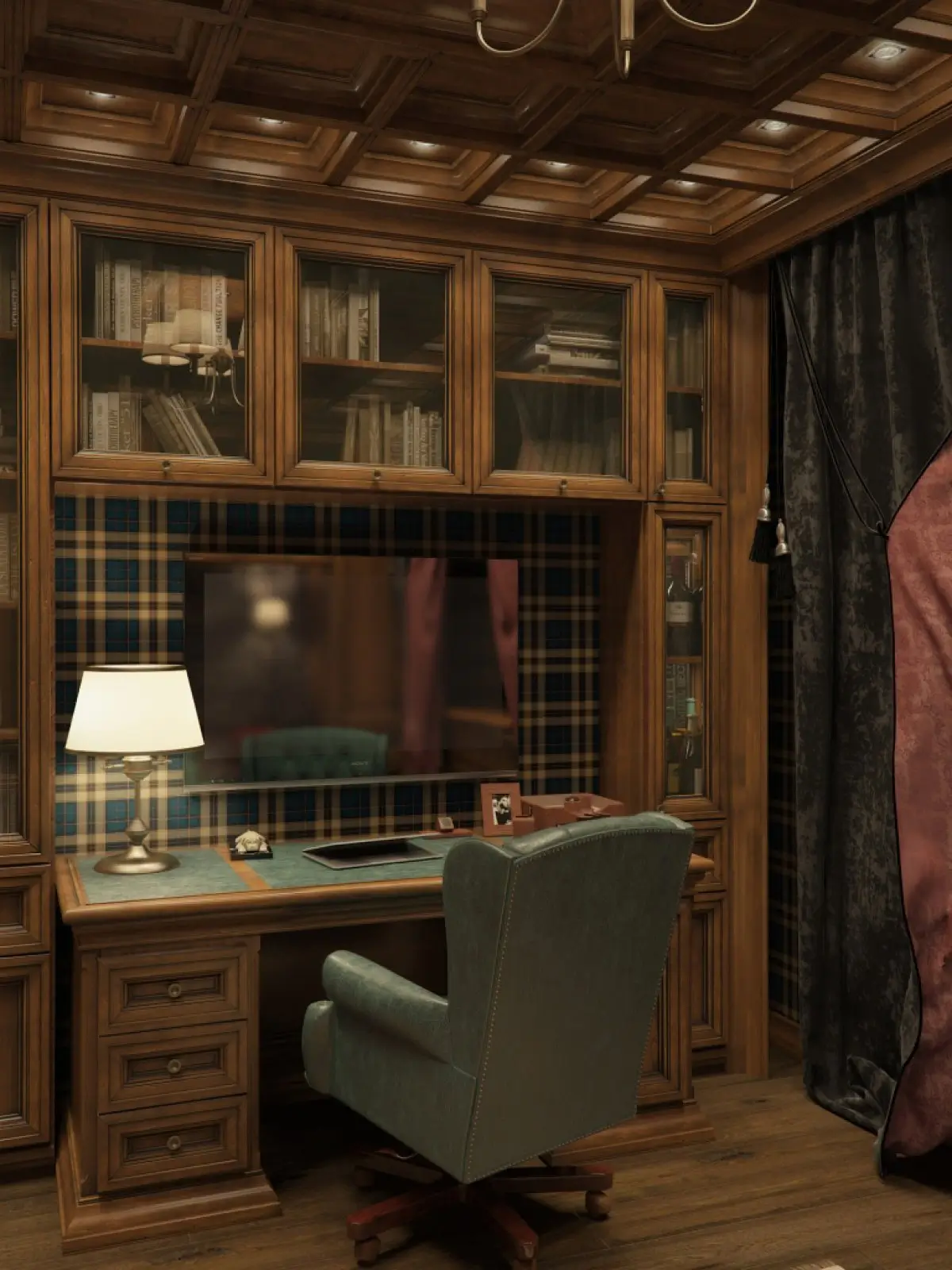 Кабинет с шкафом для книг и кессонным потолком